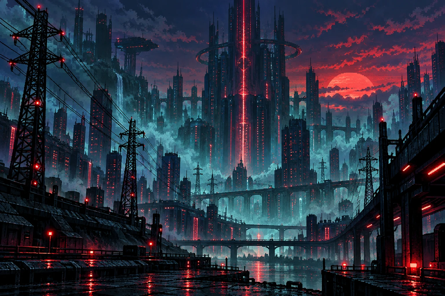 Neon pixel-art megacity with a red data tower taking control of the power grid